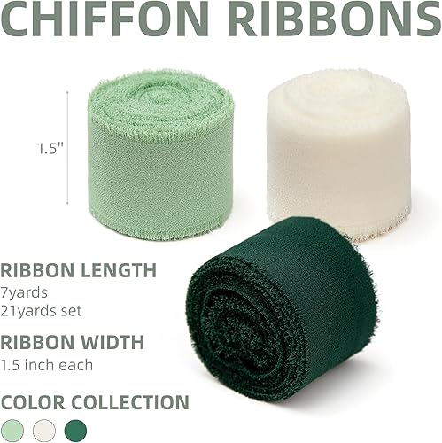 Miniatura 8 de KEOSREE 3 rollos de cinta de gasa verde oscuro hecha a mano, 1.5 pulgadas x 21 yardas, cintas de seda con flecos deshilachados (3 rollos de 7