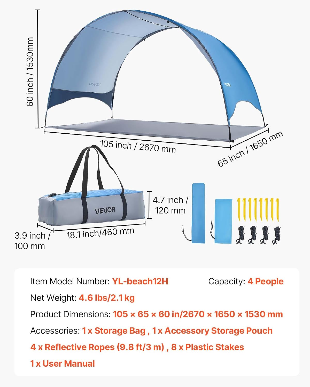 VEVOR Beach Tent Sun Shelter for 4 Person, UPF 50+ Protection, Portable Sun Shade Canopy with Carrying Bag & Ground Stakes, Lightweight and Easy Setup Beach Umbrella for Camping Fishing Outdoor Picnic