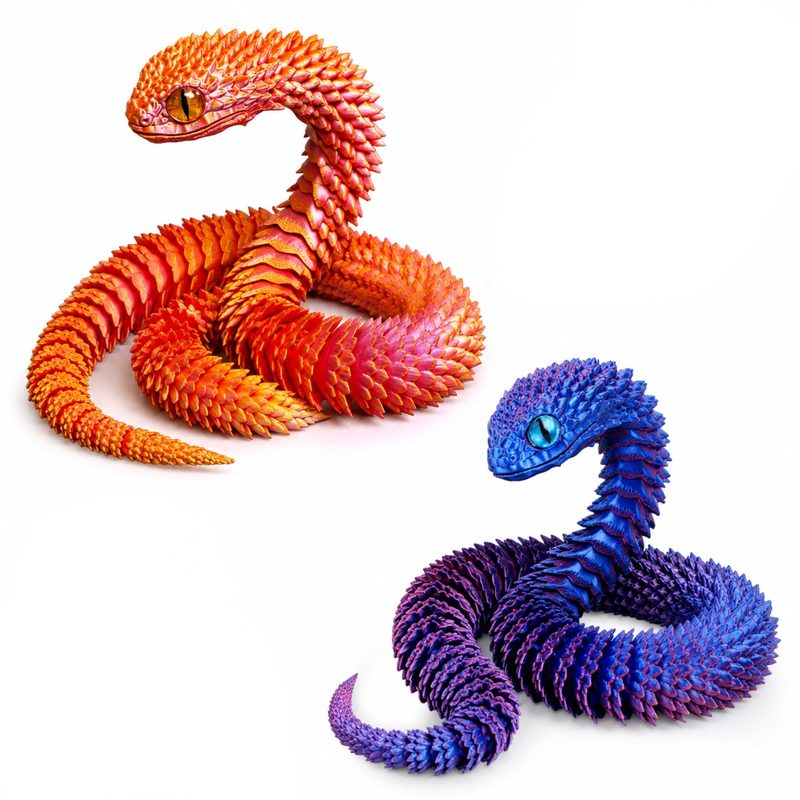 ALLGAYER 2 PCS 3D Printed Snake, 30cm Flexible Articulated Animal Model, Blue-Purple and Red-Gold Plastic Fidget Toys for Desk Bookshelf Decoration, Collectible Disjointed Snake Figures Set