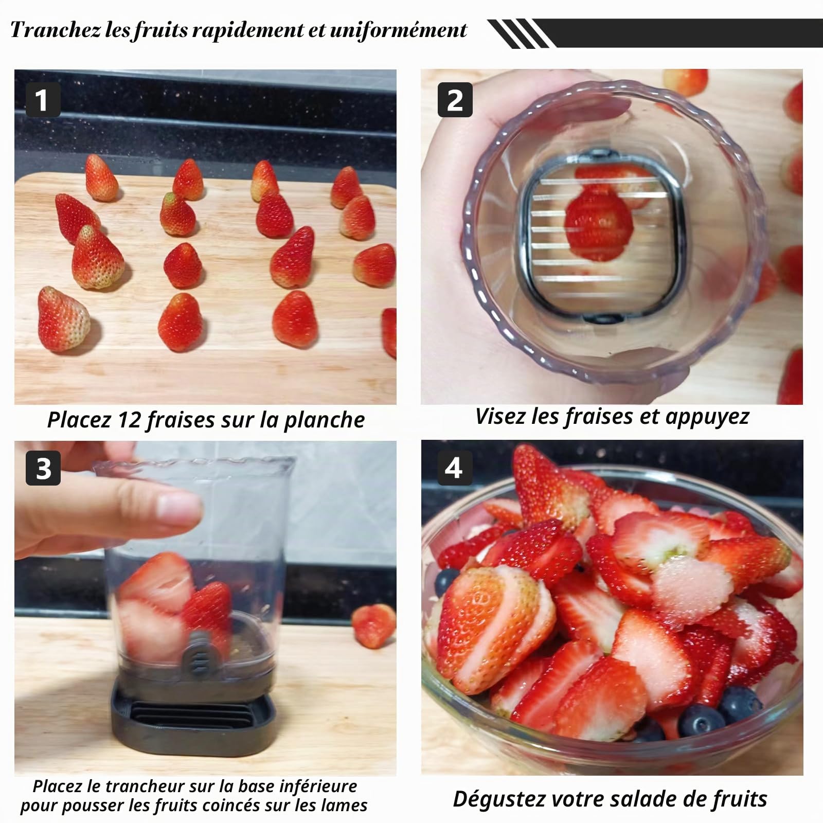Coupe à fruits | Trancheuse à fraises | Trancheuse banane | Coupe-raisin | Trancheuse à œufs | Coupe-fruits amovible avec plaque de poussée | Gadget de cuisine créatif (noir)