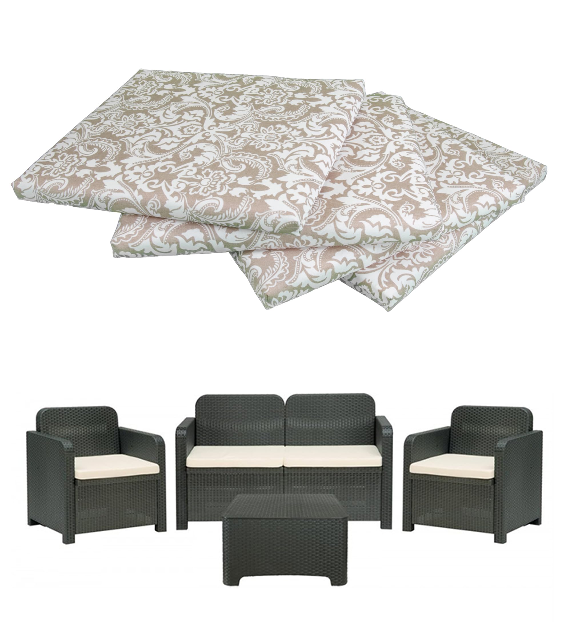 GHIOCUSCINI | Set di 4 Cuscini da Esterno per Salottino in Rattan, Fantasia DAMASCO, Tessuto Cotone/Poliestere, Sfoderabile, 58 x 51 cm, Alto 5 cm, Made in Italy