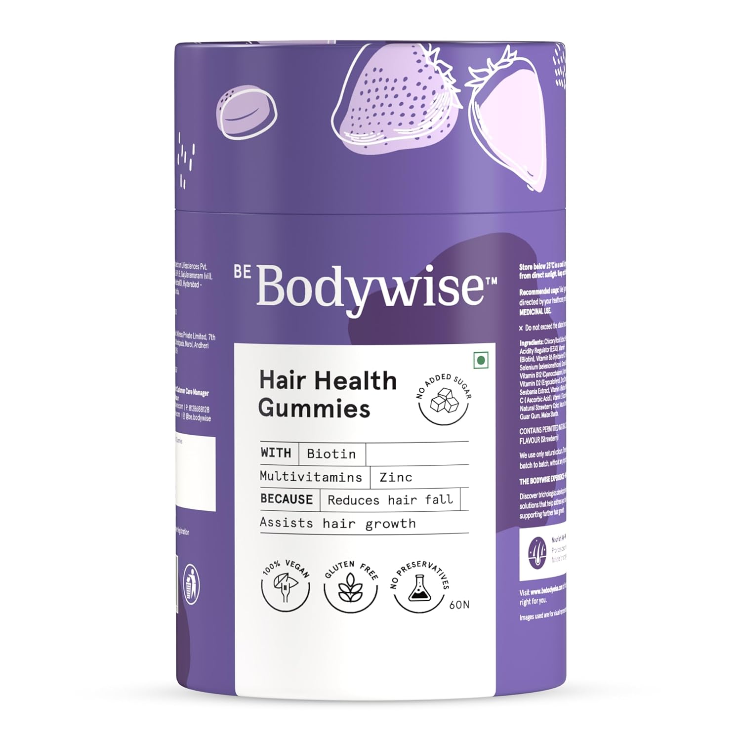 Be Bodywise Biotin Hair Gummies for Stronger, Shinier Hair & Nails | 60 Days Pack | With Biotin, Zinc, Folic Acid, Fibre & Multivitamin | Strawberry Flavour | No Added Sugar & Gut Friendly Be Bodywise Biotin Hair Gummies for Stronger, Shinier Hair & Nails | 60 Days Pack | With Biotin, Zinc, Folic Acid, Fibre & Multivitamin | Strawberry Flavour | No Added Sugar & Gut Friendly