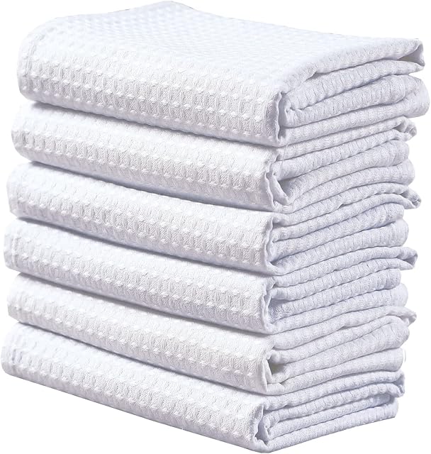 Bronwen Mathews® Extra Large Tea Towel Pack Of 6 Towels Set Bar Teatowels Sets Cotton Heavy Duty Kitchen Glass Cloth Cleaning Dish Cloths White(Waffle, pack of 6)