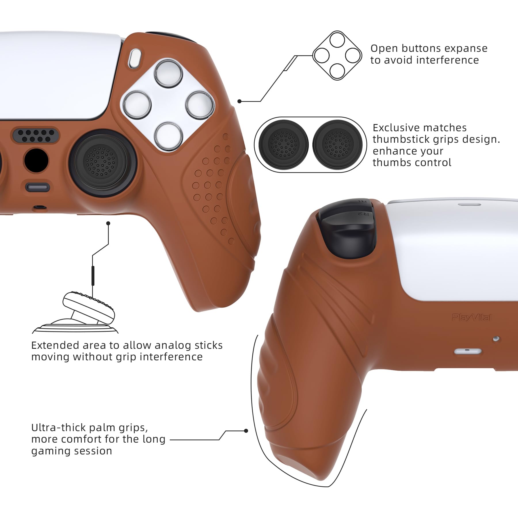 eXtremeRate PlayVital Funda de Silicona para ps5 Mando - Carcasa Protectora Suave y Antideslizante con 2 Tapas de Joystick, Compatible con DualSense, Accesorio para ps5 (Edición Guardian-Señal Marrón)