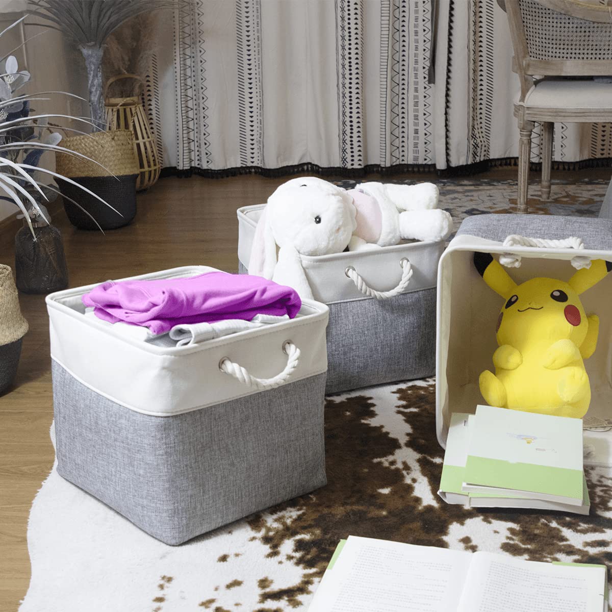 Set 3 Scatole Tessuto Per Armadio - 33x38x33cm, Bianche E Pieghevoli | Organizzatore Guardaroba Con Manici - Foto 10