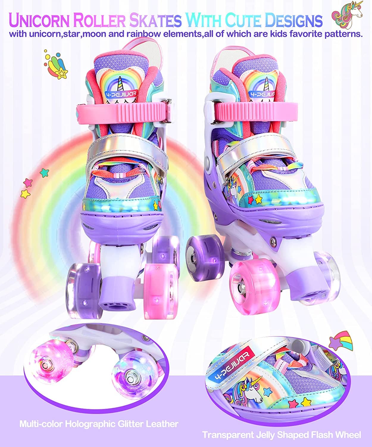 Pattini a Rotelle Bambina Unicorno Pattini Regolabili Pattini a Rotelle in Linea con 4 LED Ruote per Bambini Ragazzi Principianti