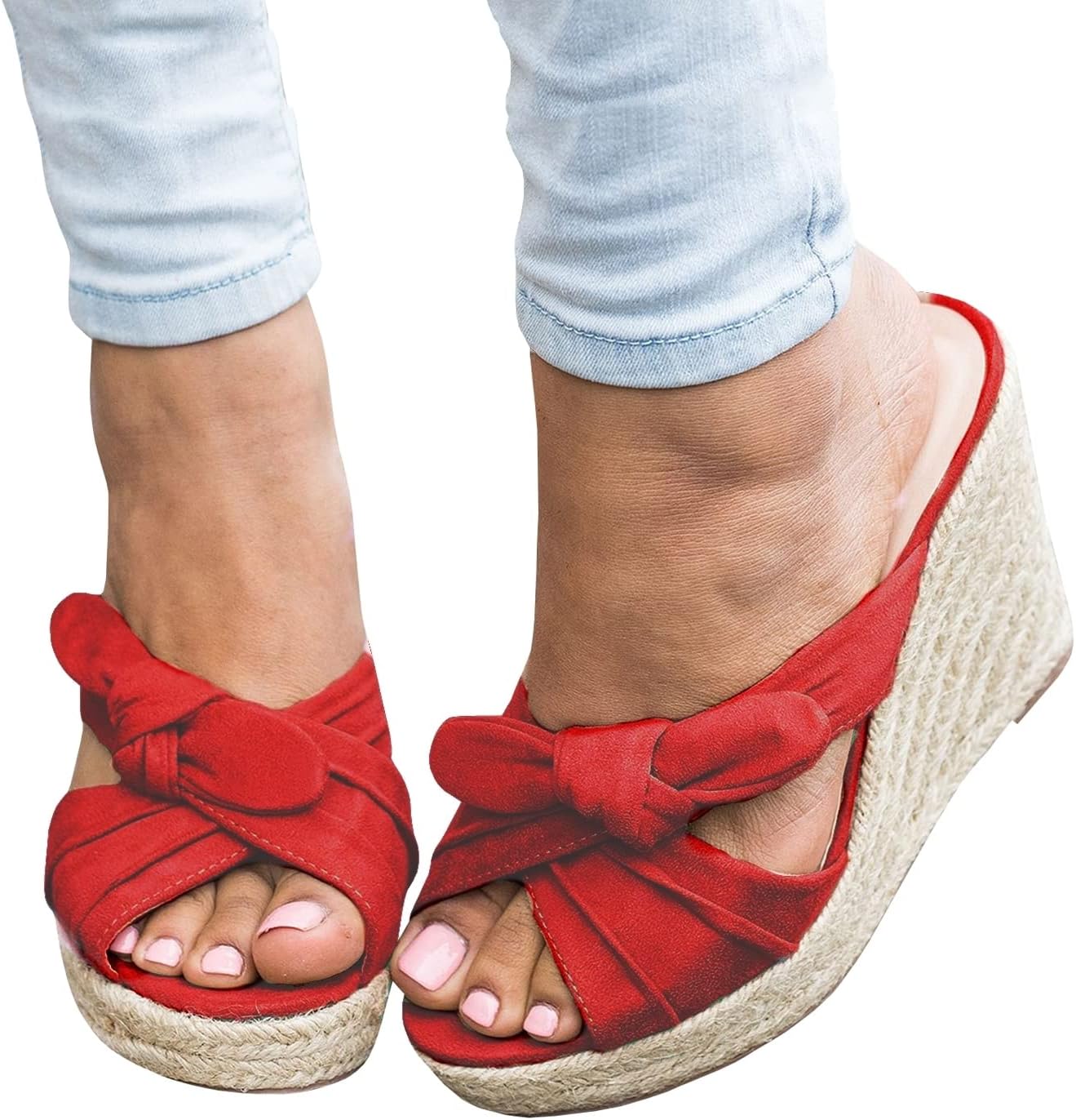 Womens Espadrilles Wedge Sandals Slides Platform Slip on Bow Knot Open Toe Summer Mules Shoes - Image 2