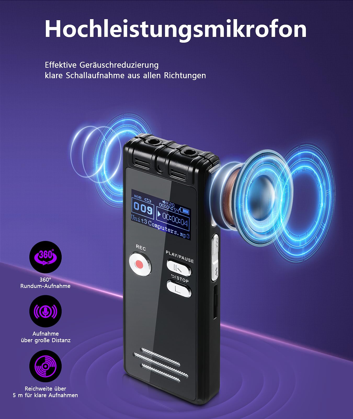 Dictaphone 32 G - 1536 kbps - Enregistreur vocal numérique - Interface Type-C - Appareil d'enregistrement One-Touch-HD Dual MIC pour conférence, entretien, réunion