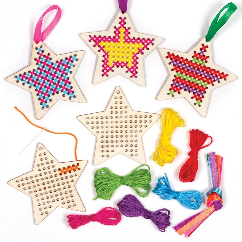 Baker Ross AT226 Star Wooden Cross Stitch Decoration Kits, Christmas Arts and Crafts (Pack of 5), Assorted