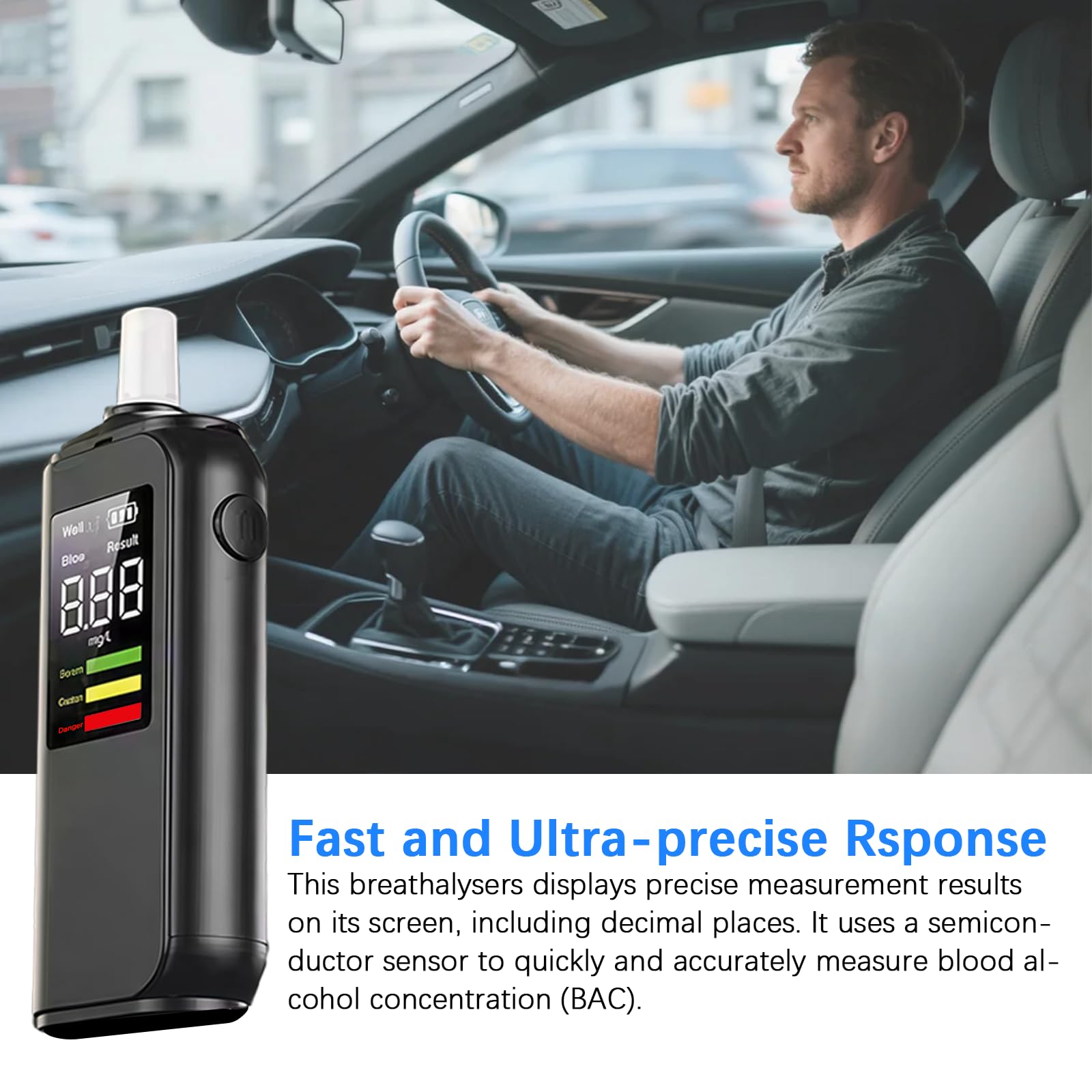 Alcoholimetro- Alcoholímetros con 6 boquillas Reutilizables, alcolimetro Profesional portátil con Pantalla Digital LCD, Test alcoholemia para Uso doméstico y Fiestas, AT02