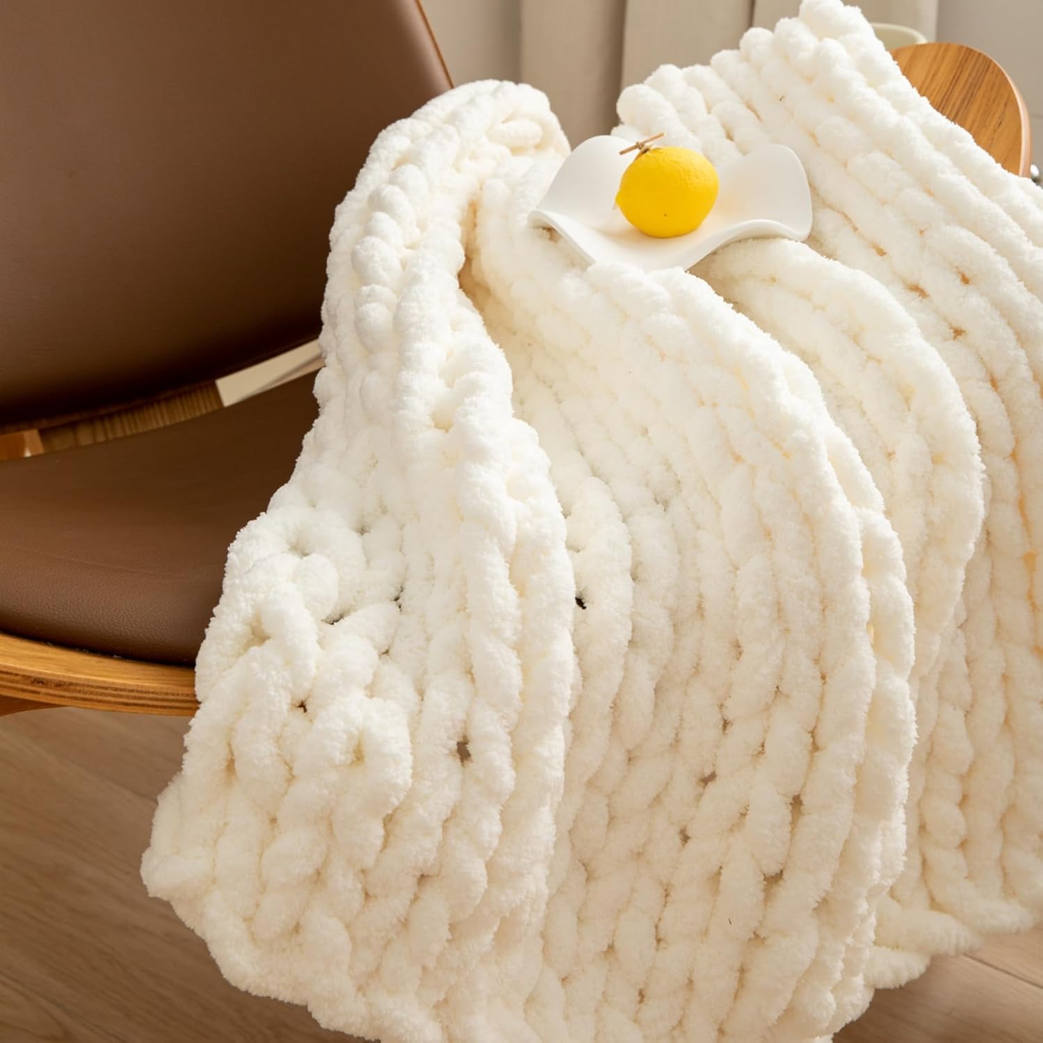 Luxury Chunky Knit Blanket Throw, Handmade Thick Chenille Yarn Throw 40"x40", Cream Cable Knit Crochet Blanket, Decorative Cozy and Soft Crochet Throw Blanket for Couch Home Decor - Image 3