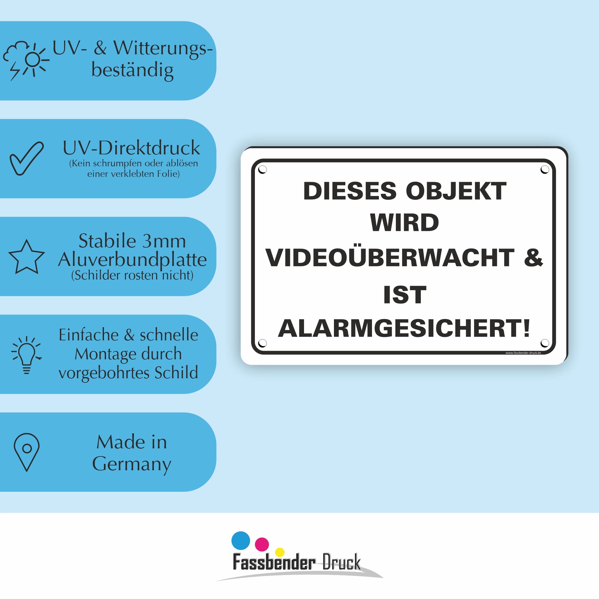 OBJEKT VIDEOÜBERWACHT vorgebohrtes Schild zum Markieren eines videoüberwachten Bereiches - Videoüberwachungsschild mit Bohrlöchern - (90x60cm SCHILD)