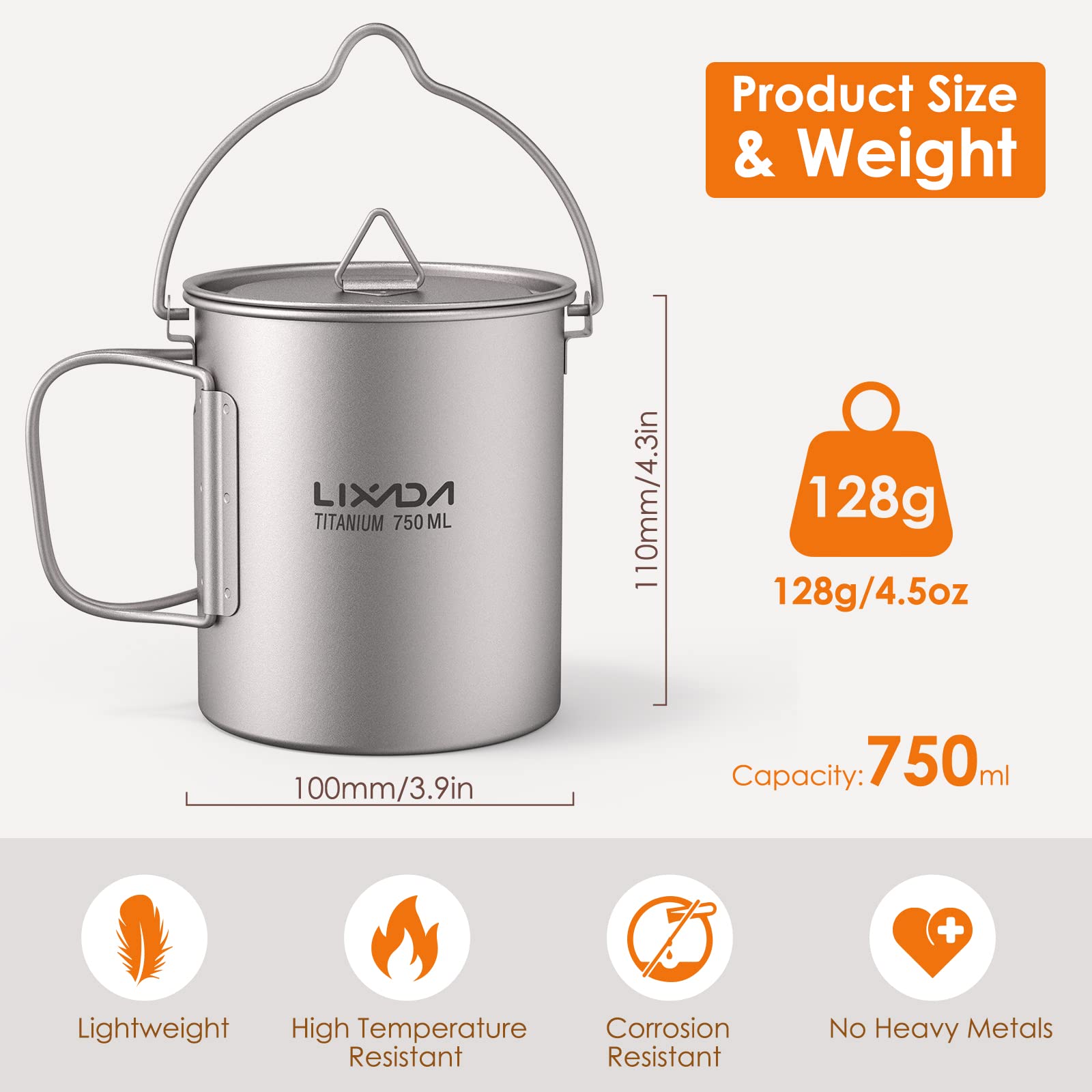HUIOP Titanium Cup, Ultralight 750ml Titanium Pot Portable Titanium Water Mug Cup with Lid and Foldable Handle Outdoor Camping Cooking Picnic