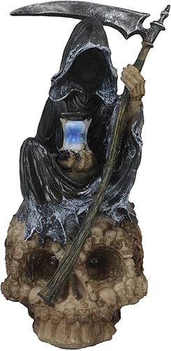 Miniatura 4 de Ebros Gift The Dark Lord - Esqueleto de la parca sin rostro sentado en ojos LED coloridos Cráneo Morphing sosteniendo figura de reloj de arena, luz