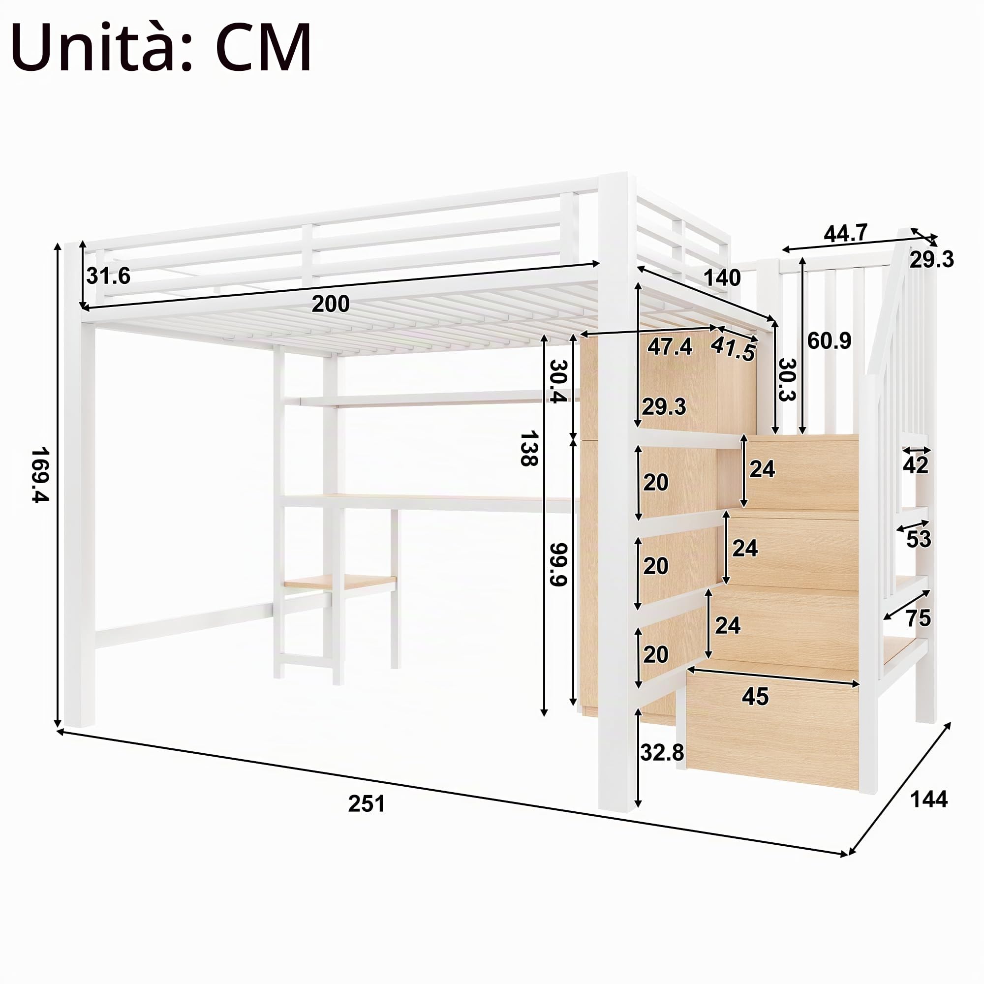Letto a soppalco in metallo 140x200 con scrivania, mensola, armadio e scaletta contenitore, letto singolo con LED,bianco(Senza Materasso)