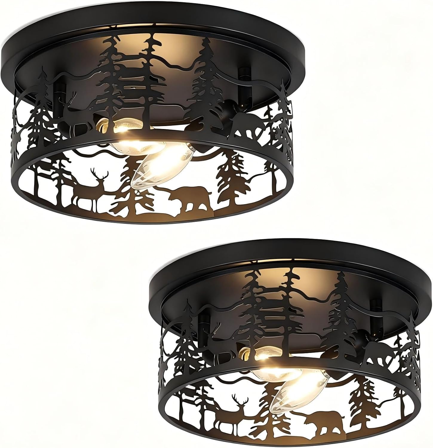 2 Pack Rustic Farmhouse Flush Mount Ceiling Light, 2-Light Black Metal Bear Design E12 Round Ceiling Light Fixture, for Kitchen, Bedroom, Foyer, Cabin Lighting (Bulbs Not Included)