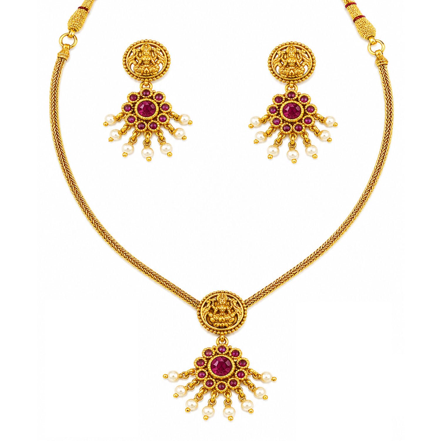 FASHIONS Traditional Adjustable Anti Tarnish 18K Matte Gold Plated Laxshmi Devi Necklace Chain Stone Stud Earrings Choker Neck Piece South Indian Jewellery Set For Women & Girls-image-30