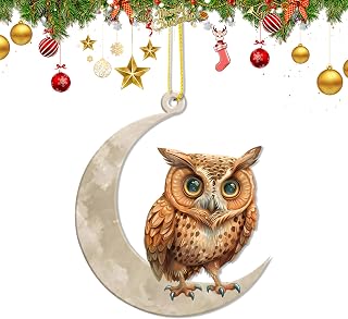 Animals Standing On The Moon Christmas Tree Decorations, Owl Christmas Ornaments Double-Printed Acrylic Hanging Woodland Xmas Indoor Outdoor Decor, Window Wall Mantel Hanging Decor Home Party