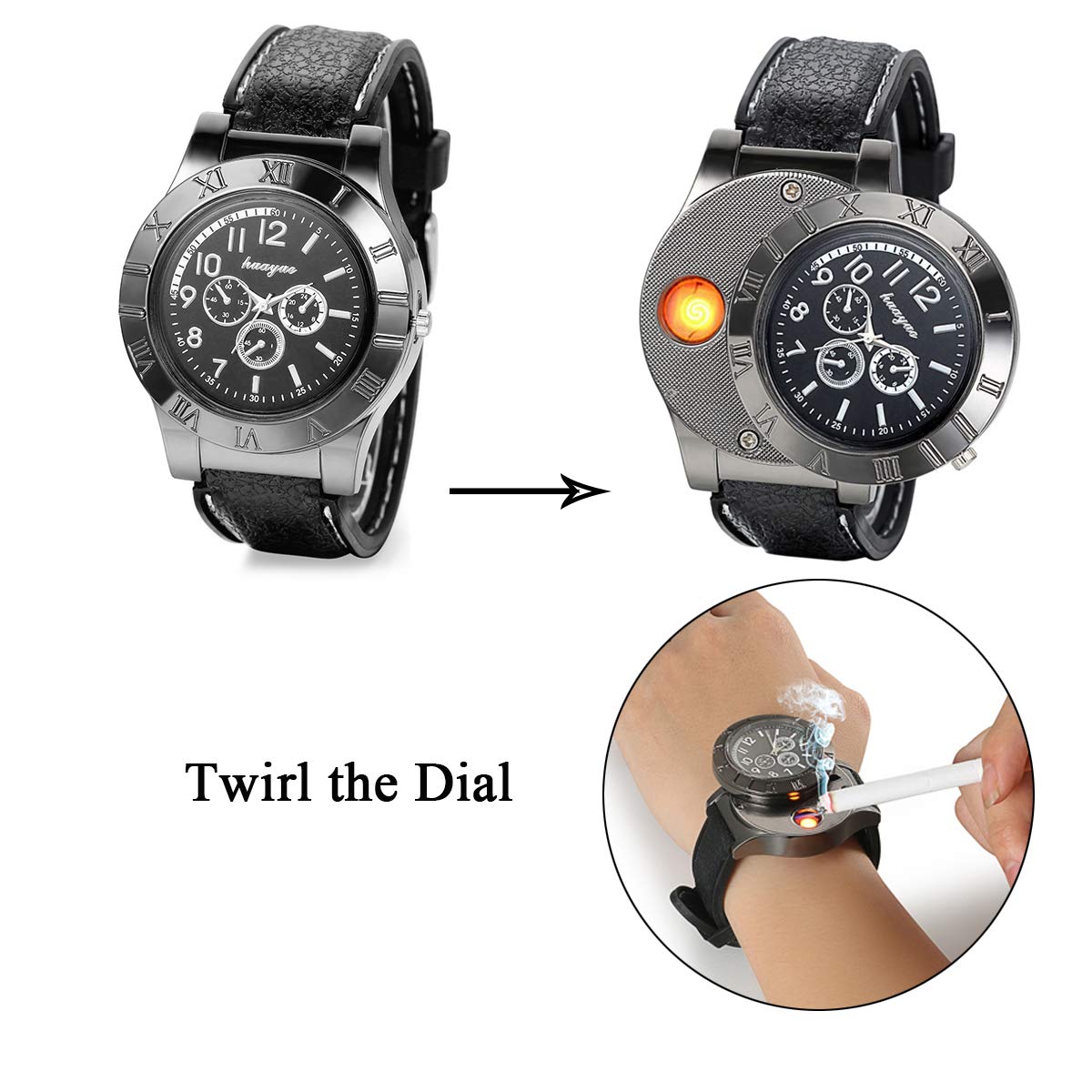 JewelryWe Mens Novelty Cigarette Lighter Watch USB Charging Windproof Quartz Wrist Watch