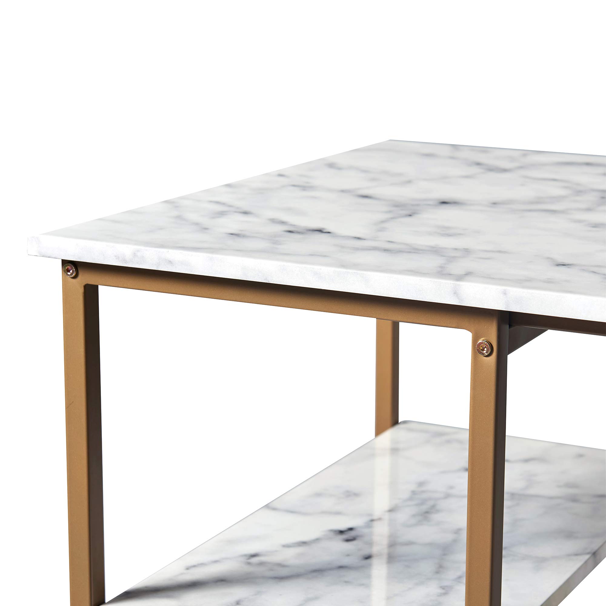 Teamson Home Marmo 3-Stücke Frühstücks-Ess-Set, Bartisch und 2 Gepolsterte Hocker mit Stauraum, Tischplatte aus Weißem Marmor und Beine in Gold-Messing-Finish