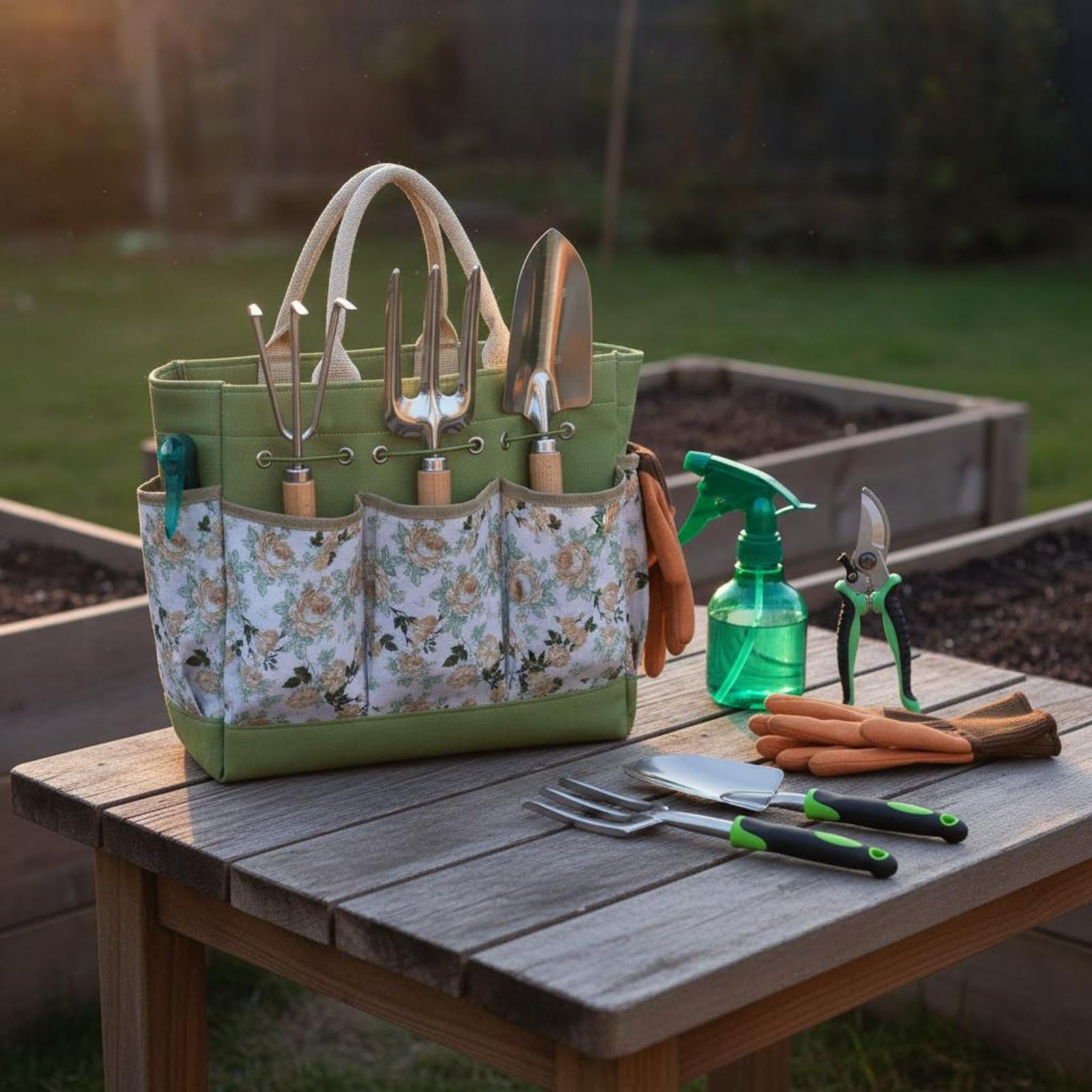 Gartengeräte Set Gartenwerkzeug Handwerkzeug Ausplantierer Blumenkelle Hacke Holzgriff Ermüdungsarm Tragbar mit Tragegriffen für Gemüsebeet Blumenrabatte, Stainless Steel 9PCS