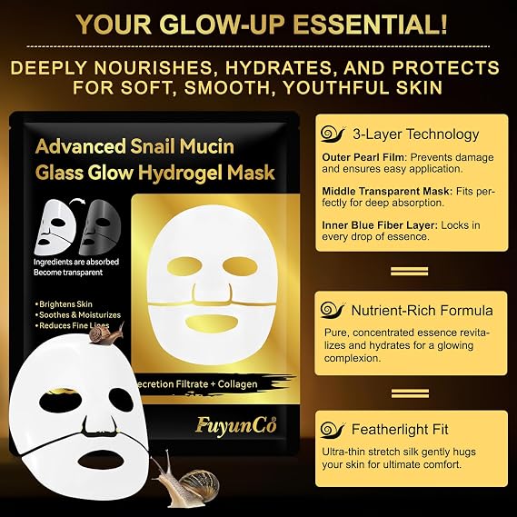 Snail Mucin Mask 4 Pack, Glass Skin Collagen Mask, Collagen Face Mask, Snail Mucin Glass Glow Hydrogel Face Masks Skincare, Moisturizing Hydrating Anti-aging Face Masks