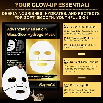 Snail Mucin Mask 4 Pack, Glass Skin Collagen Mask, Collagen Face Mask, Snail Mucin Glass Glow Hydrogel Face Masks Skincare, Moisturizing Hydrating Anti-aging Face Masks