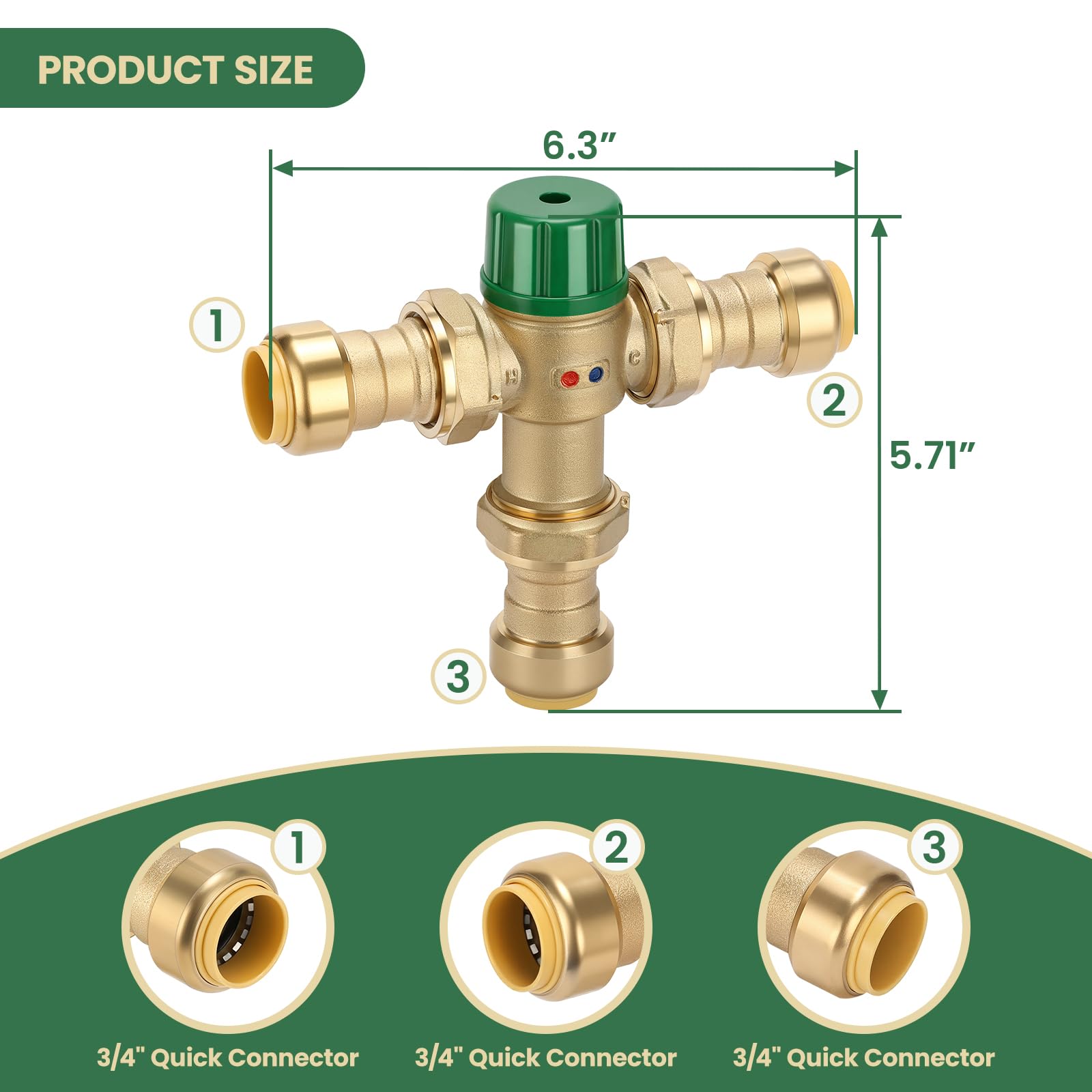 Válvula mezcladora termostática de latón de 3/4 pulgadas con conexiones de unión, compatible con accesorios SharkBite Copper, CTS, CPVC, SDR-9 HDPE y PEX