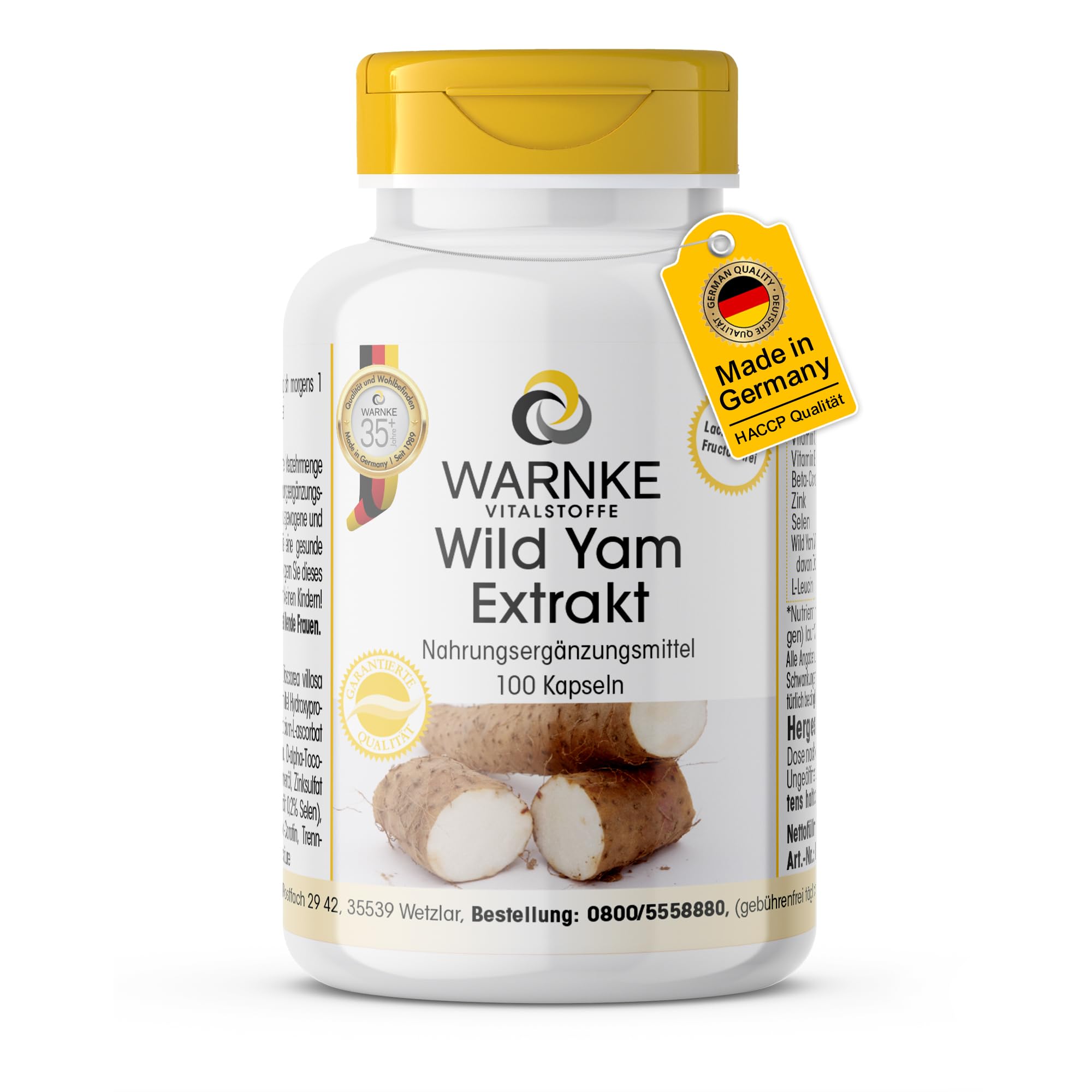 Wild Yam Extrakt Kapseln – 100 Kapseln – Vegan, hochdosiert, 20% Diosgenin, Vitamin C & E, Beta-Carotin, Zink & Selen (Warnke Vitalstoffe)