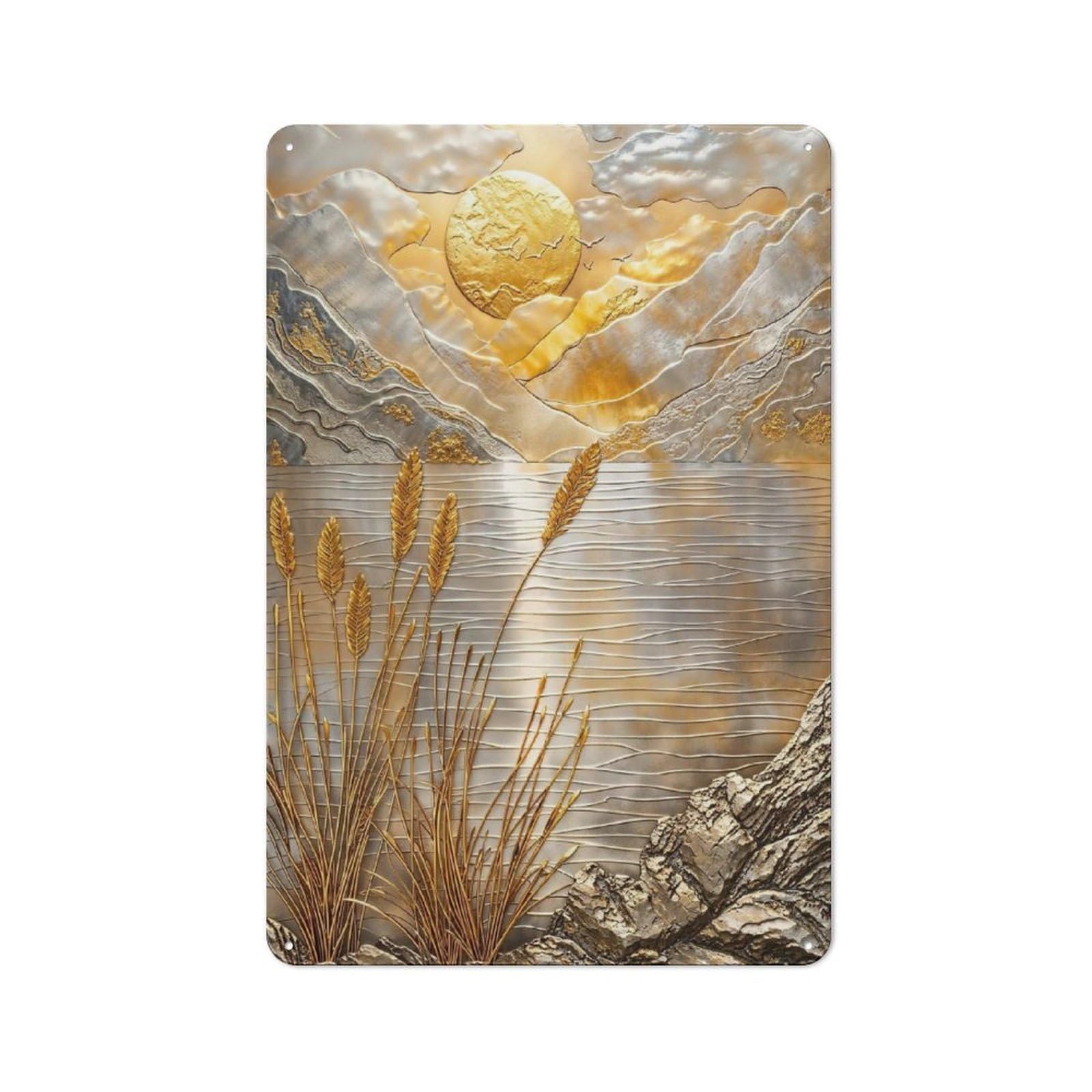 Golden Lake Sunset Art Metal Wall Plaque, Clean Printed Wall Decor for Home Bar, Pub Room Or Drinks Corner, 30x20cm