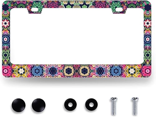 Marco de matrícula de azulejos mexicanos, colorido, bohemio, mandala, flores, placa de acero inoxidable a prueba de óxido, divertida decoración de