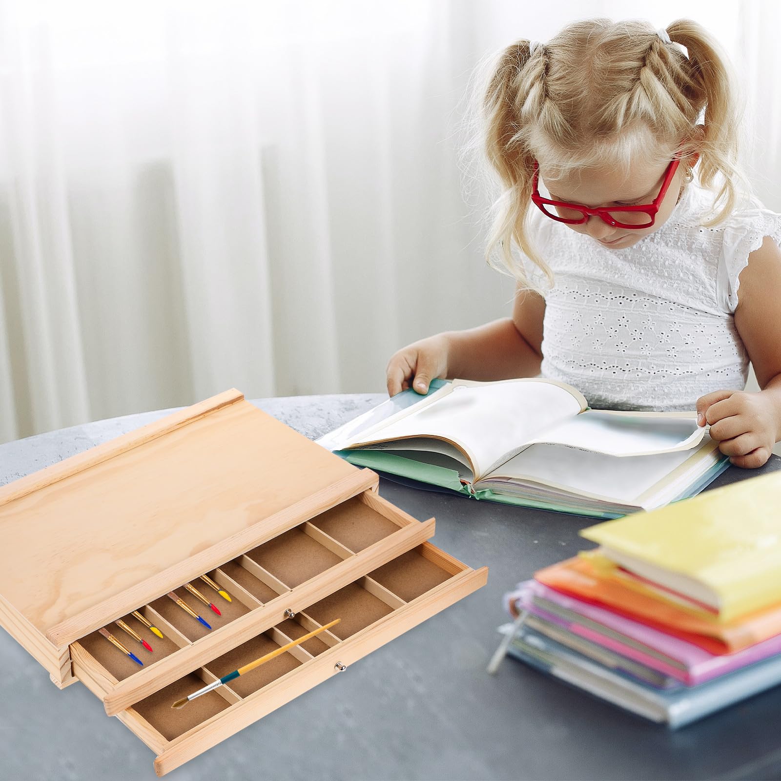 FRCOLOR Portapenne in Legno Multistrato Cassetti per Pennelli, Organizer da Scrivania Leggero e Resistente, Custodia Portapennelli per Artisti e Uso Creativo
