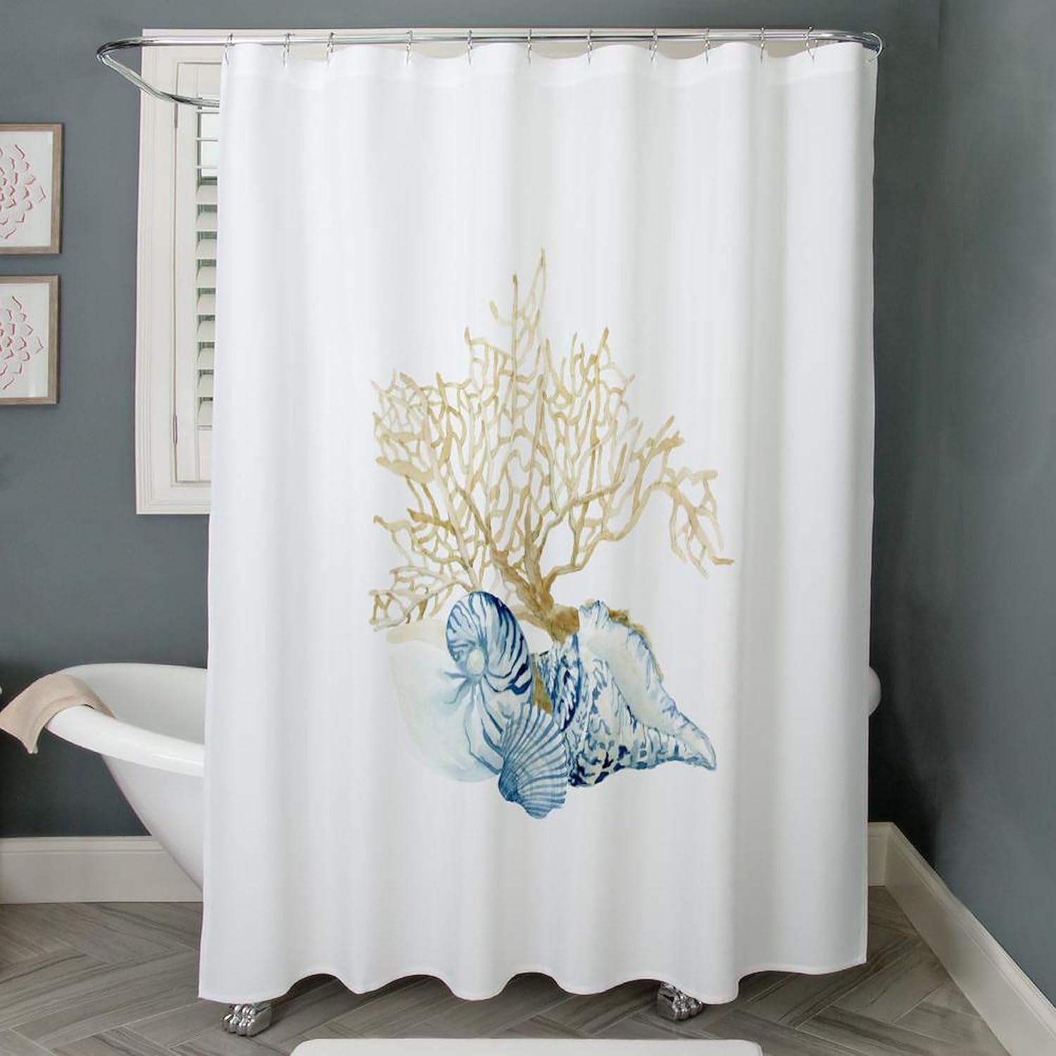 CafePress Indigo Ocean Coral Nautilus Triton Scallop Shells Decorative Fabric Shower Curtain