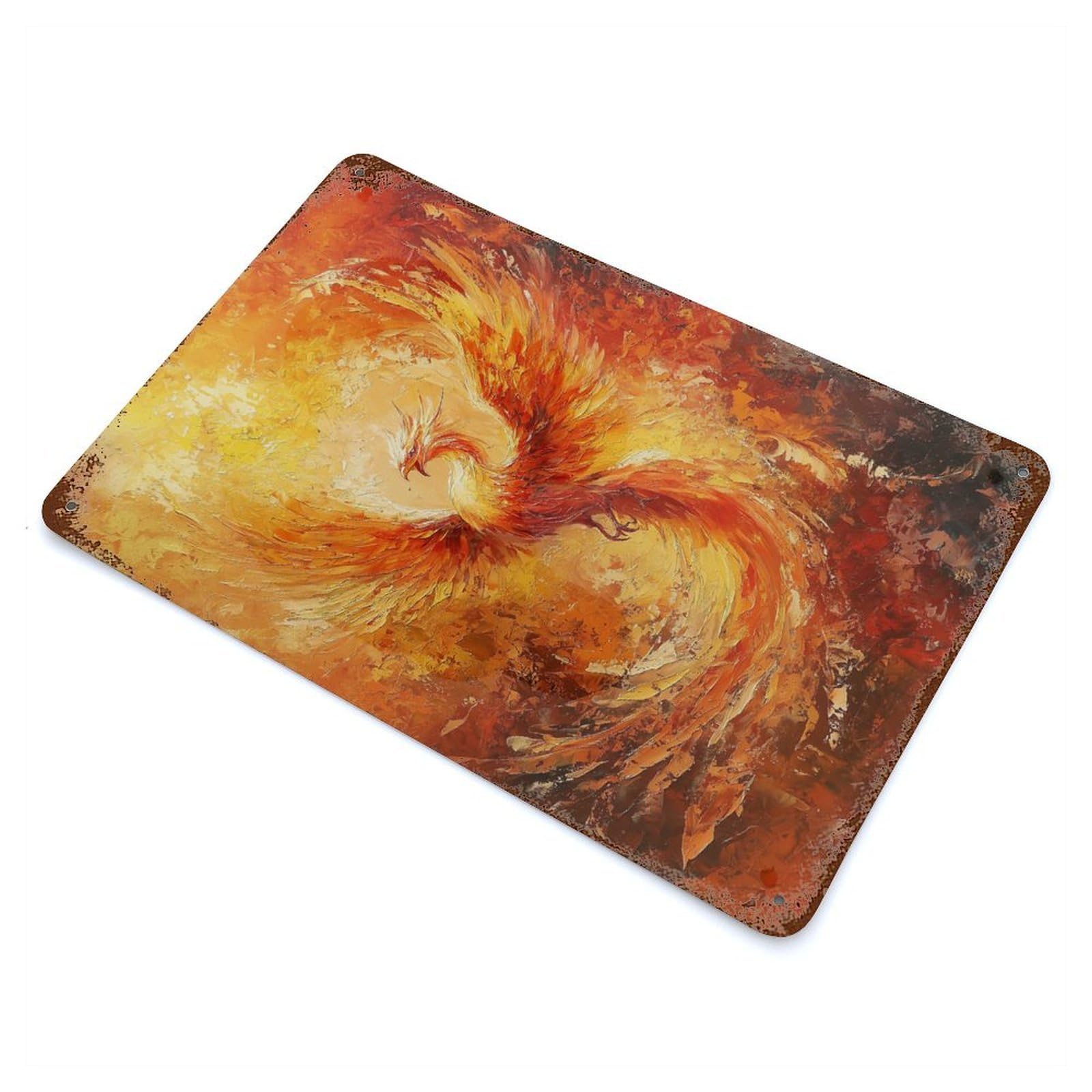 Weathered Tin Sign with Phoenix Rising Design 11.8"x7.9", for Basement, Hobby Room And Garage Decor, Industrial Home Decor