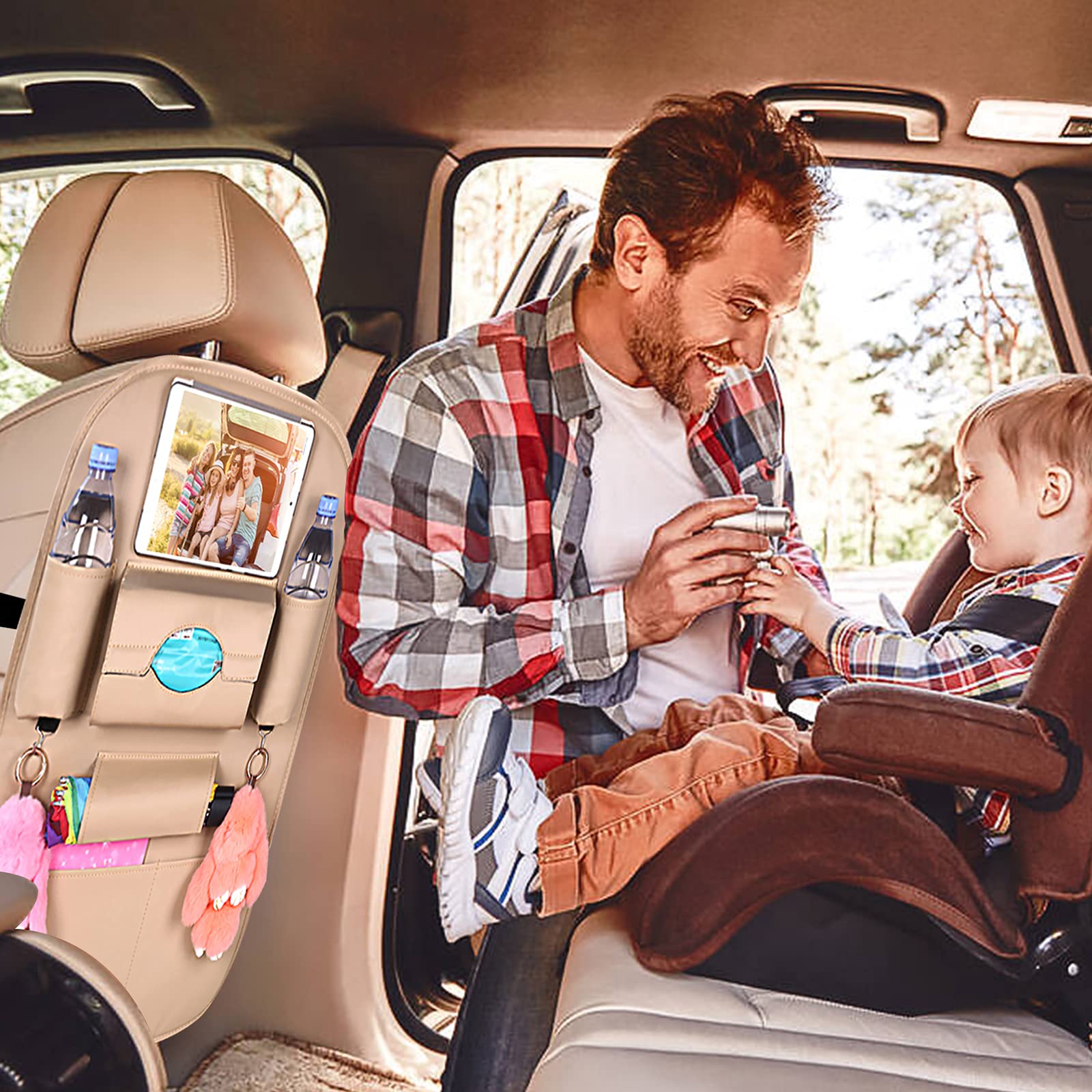 Gift2u Car Seat Back Protector Backseat Organizer Upgrade PU Leather Backseat Car Storage Bag Car Accessories Anti-kick Back Seat Protector Kick Mats with Tissue Holder for Traveling,Beige