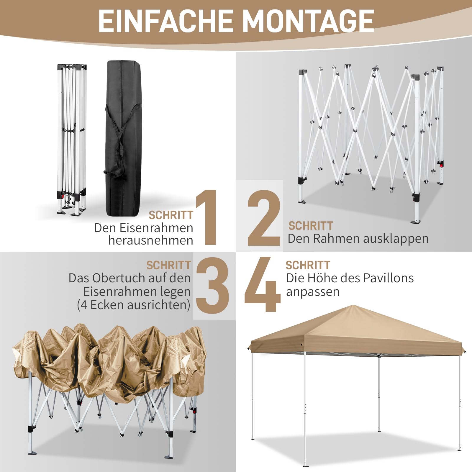 Pavillon 3x3m,One-Touch Faltpavillon,Wasserdicht,Winterfest,UV Schutz 50+,Gartenzelt,Partyzelt,mit 4 Seitenteilen,4 Sandbeutel,für Garten,Party,Camping (Khaki, 3x3m mit 4 Seitenwänden)