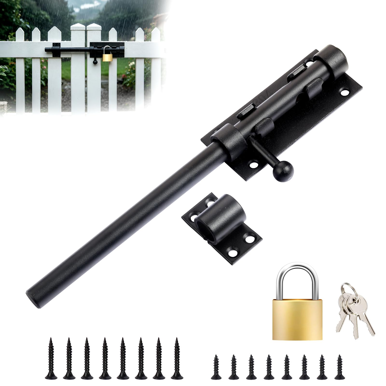 Slide Gate Latch Bolt 10"(245mm), Door Lock Bolt with Padlock & Screws