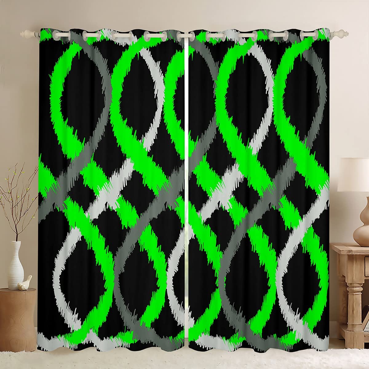 Homemissing Geometric Two-Tone Waves Blackout Curtains Green and Black Window Curtains Swirl Darkening Dreapes Retro Stripe Line Art Window Treatments W46*L54 — image 1