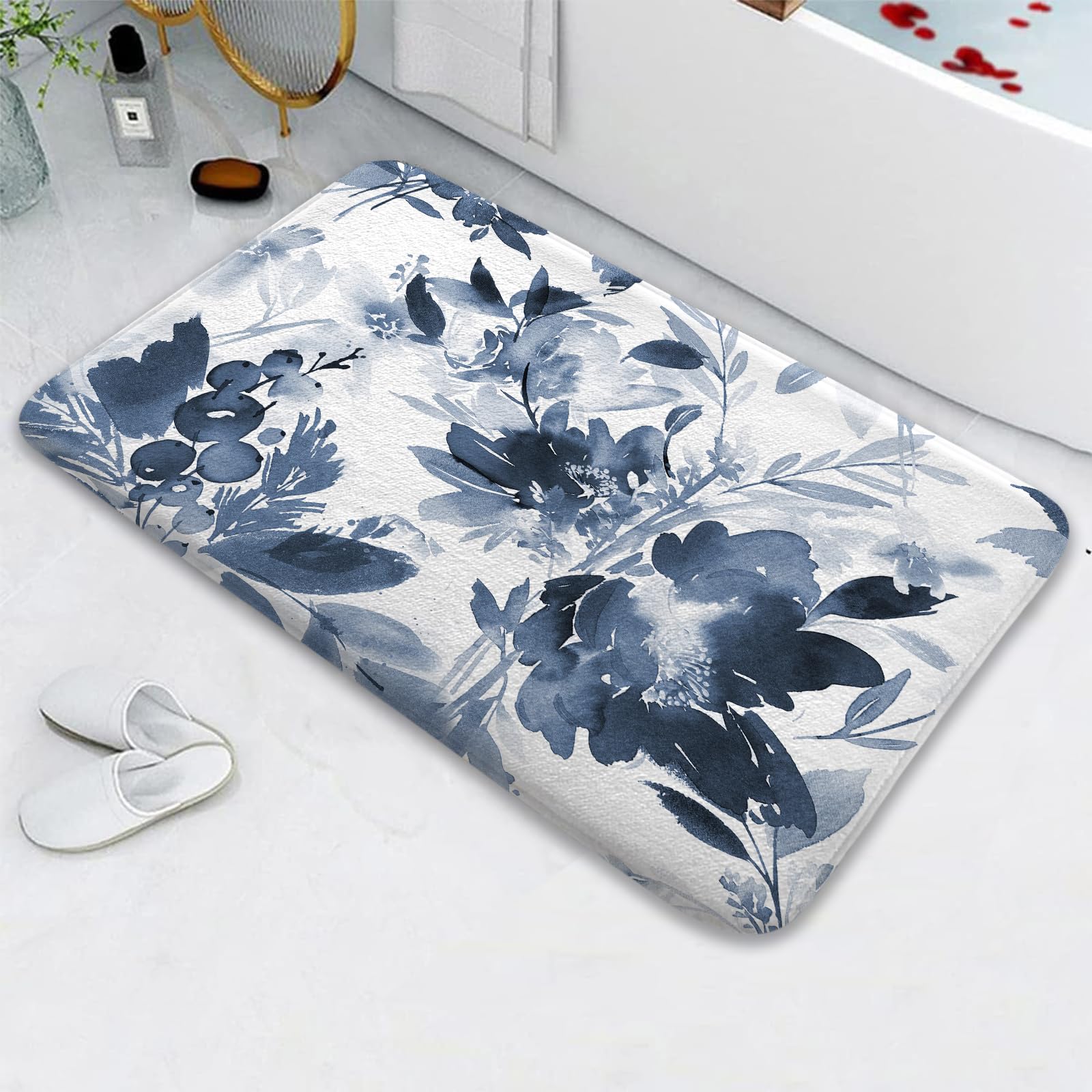 Navy Blue Watercolor Floral Bath Mat, Plant Flower Leaves Non Slip Absorbent Floor Rugs Quick Dry Soft Velvet Rugs Carpets, for Bathtub Bathroom