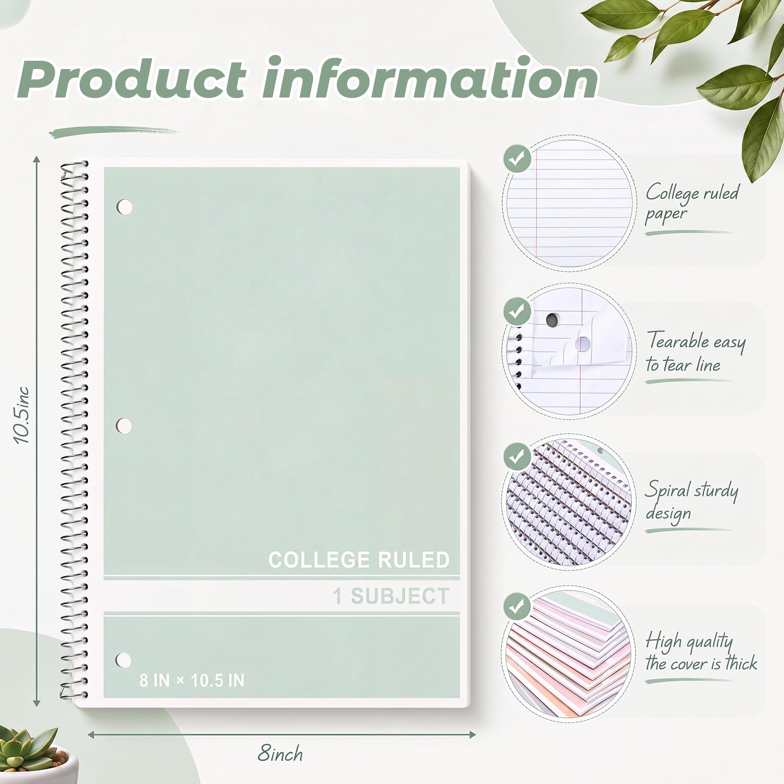 Crtiin 12 Pcs 1 Subject Spiral Notebook for Work Pastel Color College Ruled 8 x 10 1/2 Inch Spiral Journal Notebook 3 Hole Punched Paper Tear Line 50 Sheets Office School Study Supplies
