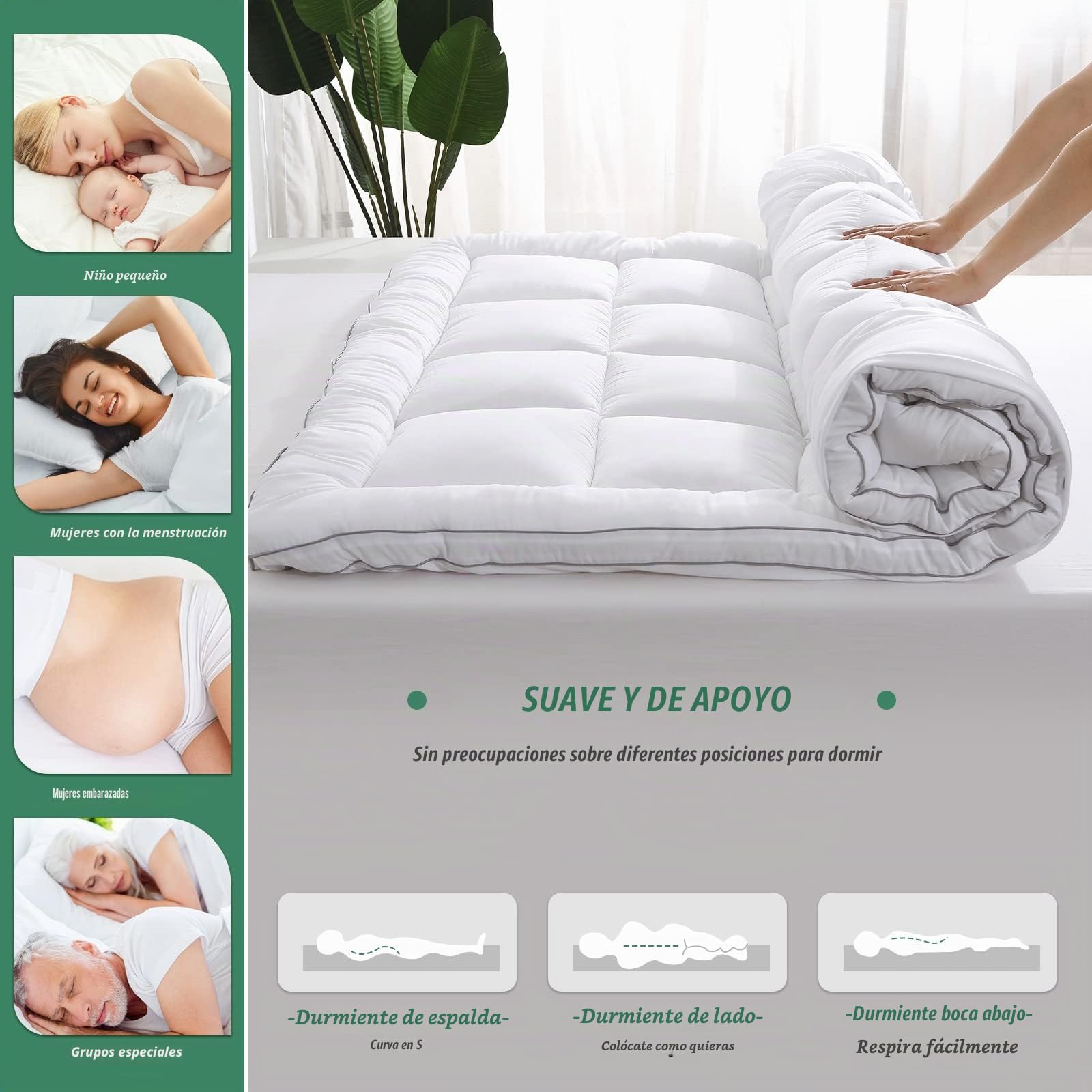 GRT sobrecolchón 150x200x6 cm, con Superficie de Fibra de bambú y Relleno Alternativo de Copos 3D. Este Topper es Transpirable, Ultra Suave y silencioso
