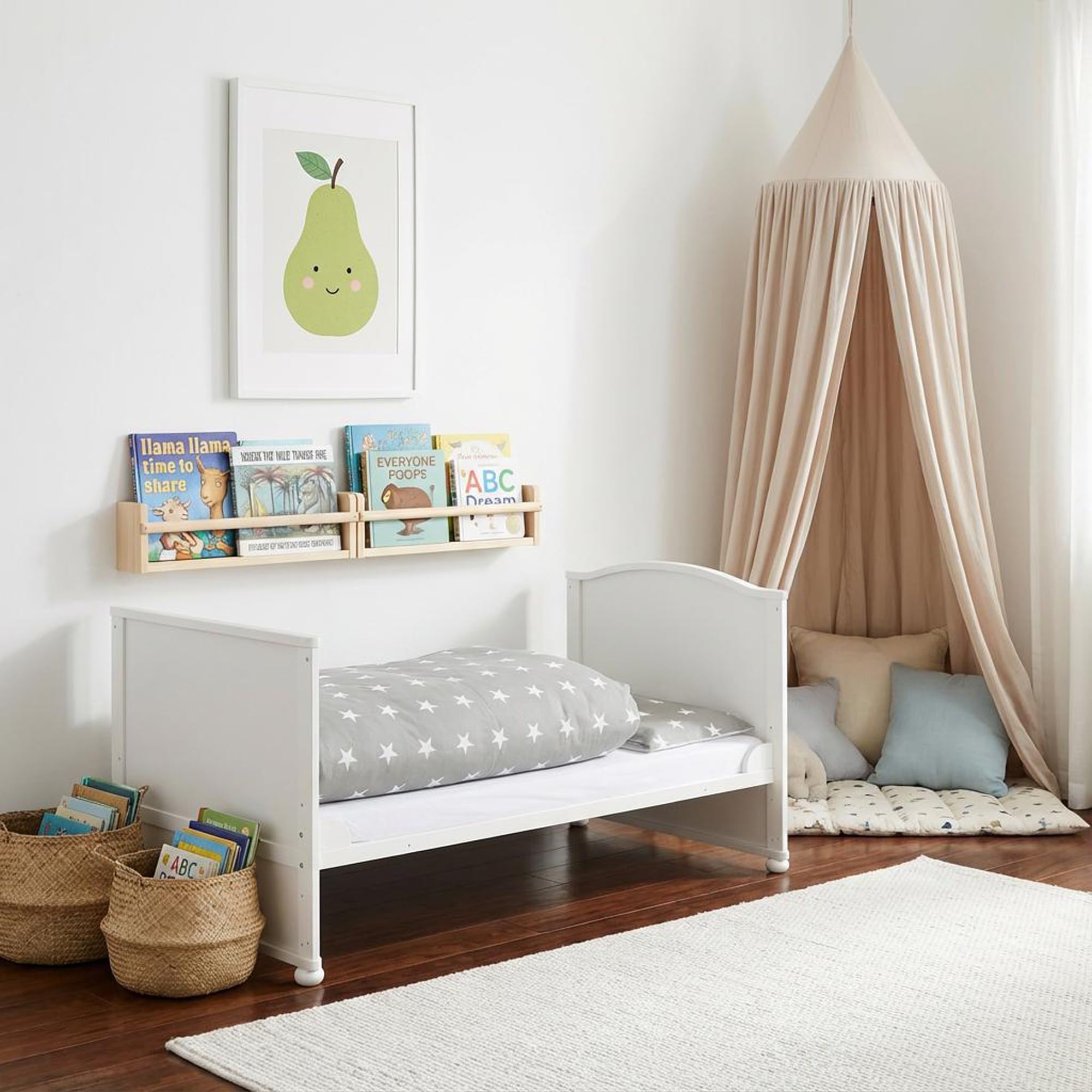 roba Lettino Completo di Set Biancheria Little Stars, 70 x 140 cm, Letto per Bambini con Federa, Copripiumino, Materasso, Baldacchino, Legno Bianco