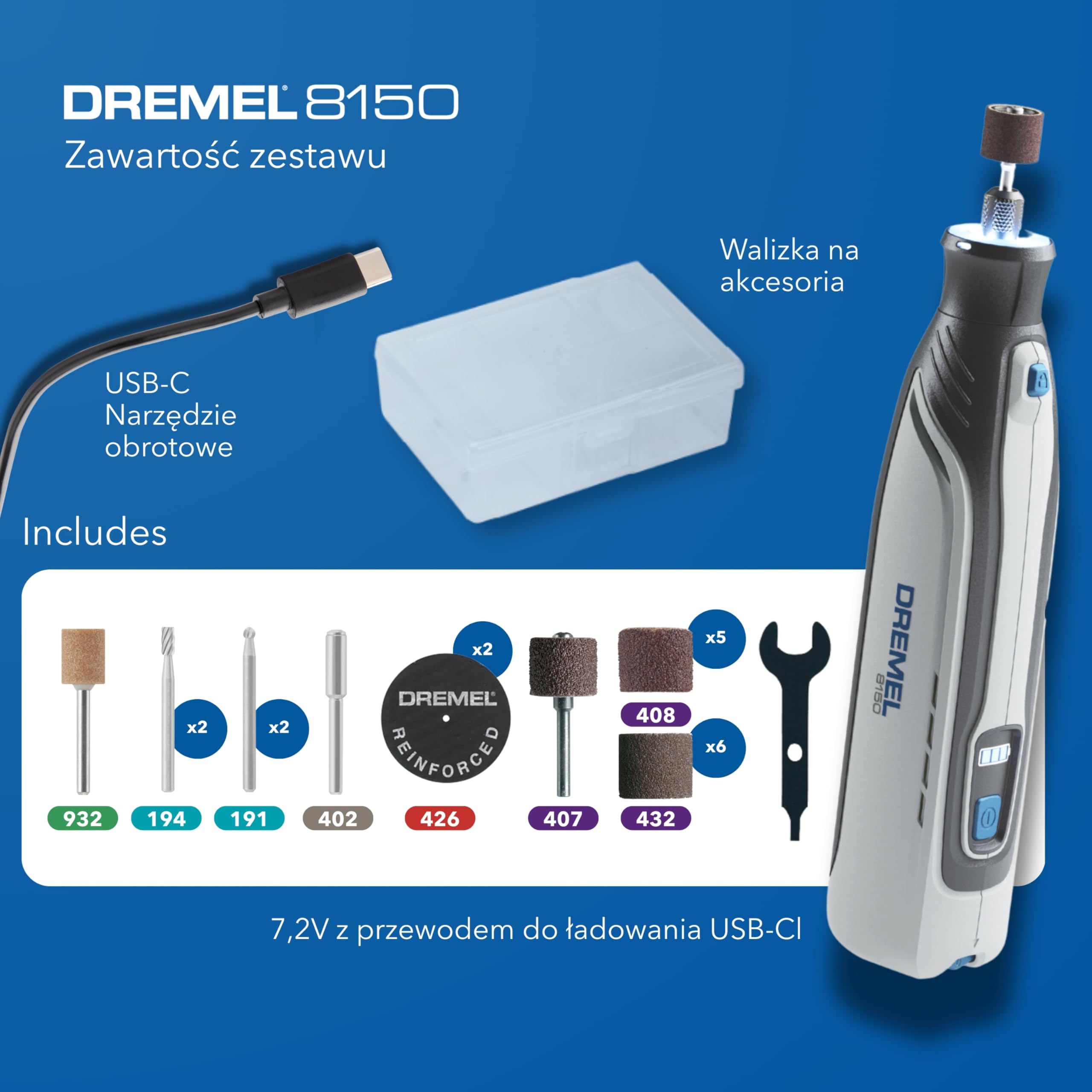 Dremel 8150 Zestaw z akumulatorowym bezszczotkowym narzędziem obrotowym, akumulator 7,2V 2Ah USB-C, 20 akcesoriów, regulacja prędkości obrotowej 5000–30000 obr./min, oświetlenie LED, cięcie, ścieranie