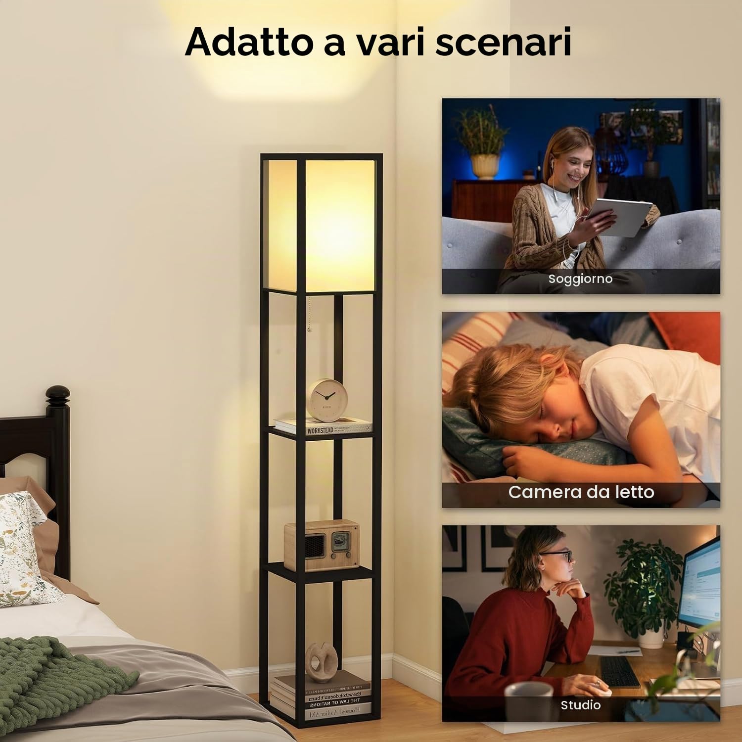 YU YUSING LED Lampada da Terra in Legno, 1,6 M Lampada a Stelo con 3 Ripiani e Base E27, Lampada da Comodino con Scaffale Paralumi per Camera da Letto Soggiorno Uffici (Nero)