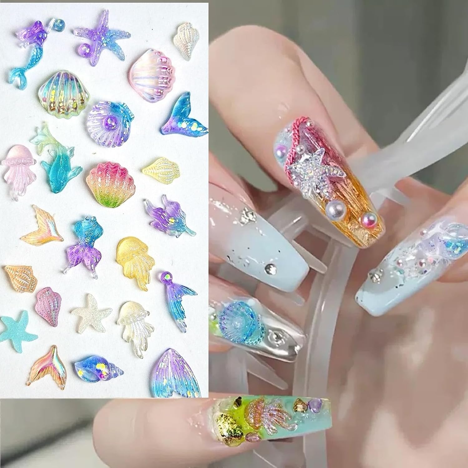 100pcs Ocean Series Nail Art Jewelry 3D Shell Starfish Dolphin Mixed Summer Ocean Diamond Nail Jewelry Mini Seaside Nail Designs Women Girls Nail Art Supplies