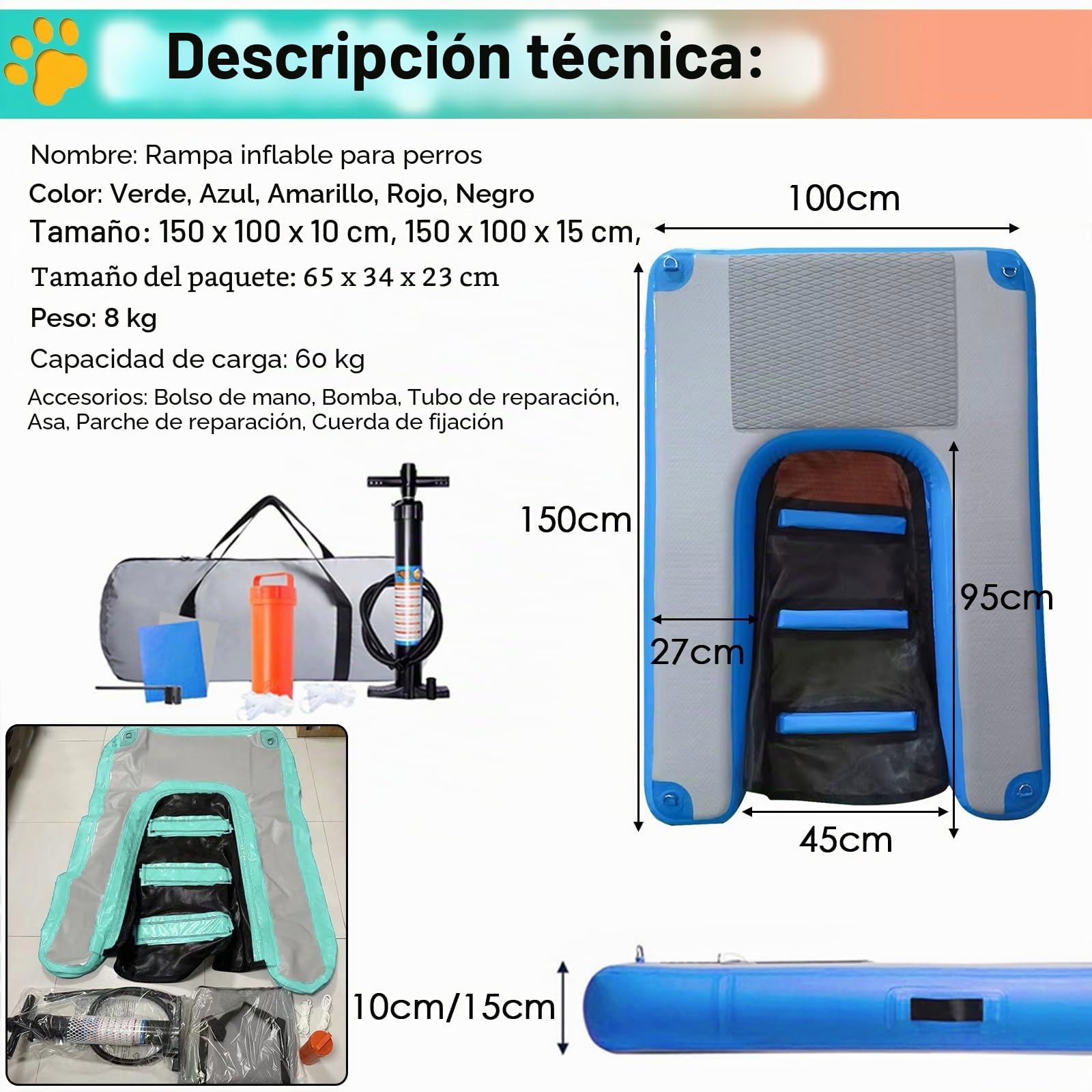 rampa de agua para perros Rampa flotante para perros, para piscinas, pontones, lagos y playas. Escalera para perros. Rampas inflables, azul, antideslizantes. Plataforma de EVA. Para perros de 60 kg. S