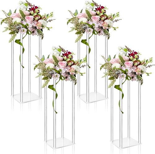 4Pc Tall Acrylic Vases Wedding Centerpieces for Tables- 20inch Clear Floral Stand Column Geometric Centerpiece Stands for Wedding Birthday Party Home Table Decorations
