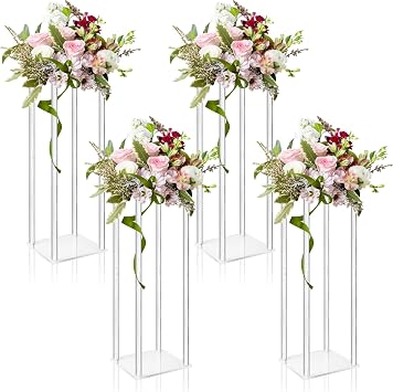 4Pc Tall Acrylic Vases Wedding Centerpieces for Tables- 20inch Clear Floral Stand Column Geometric Centerpiece Stands for Wedding Birthday Party Home Table Decorations