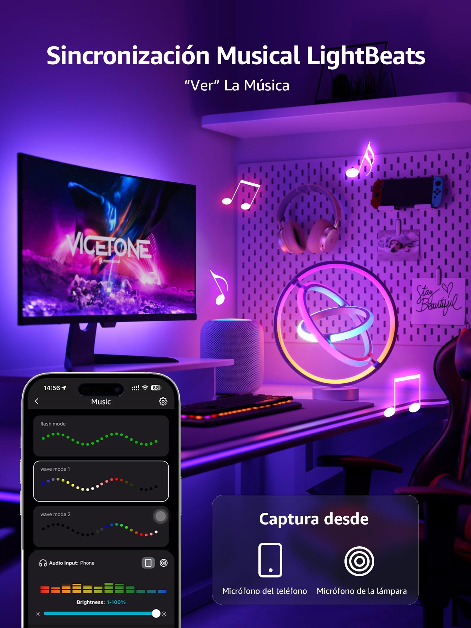 Lepro TB1 AI Lámpara de Mesa Inteligente, Lámpara de Noche Moderna MagicColor, Sync de Música y Control de Voz, Funciona con Alexa y Google Assistant, Diseñador de Iluminación AI Personalizado