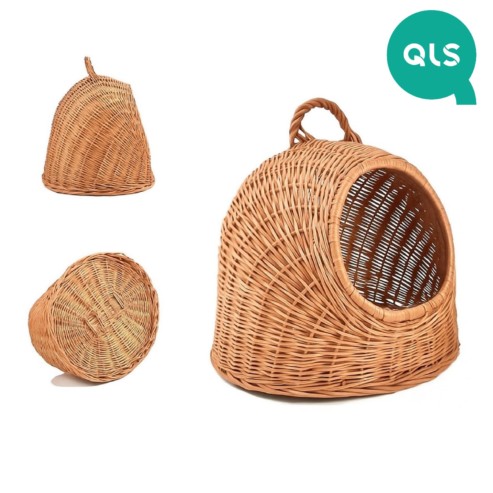 QLS Cesta vimini per cane/gatto 40 x 34 x 35 cm con manico | Rifugio naturale per gatti e cani piccoli, intrecciato a mano in vimini con pratica maniglia